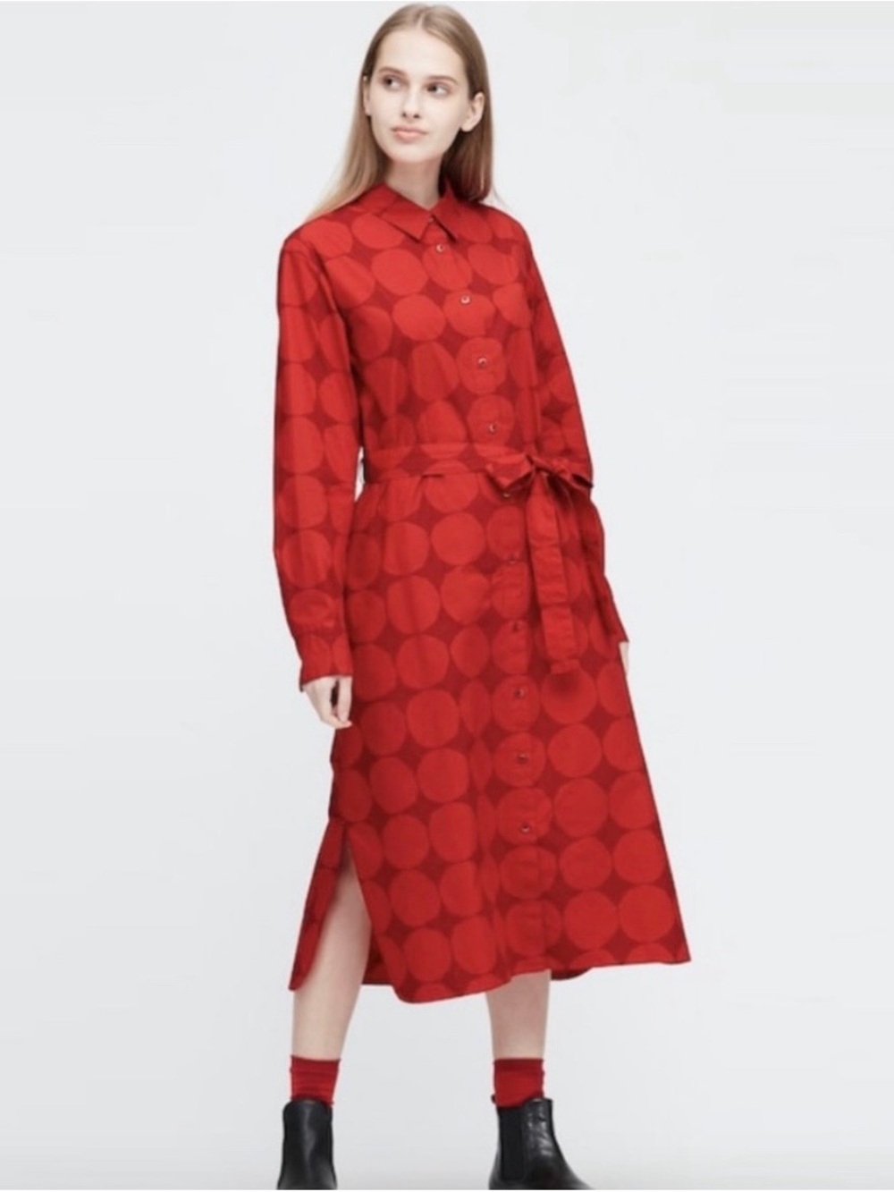 Uniqlo x Marimekko Red Dot Cotton Midi Shirt Dress with Waist Tie, Size S